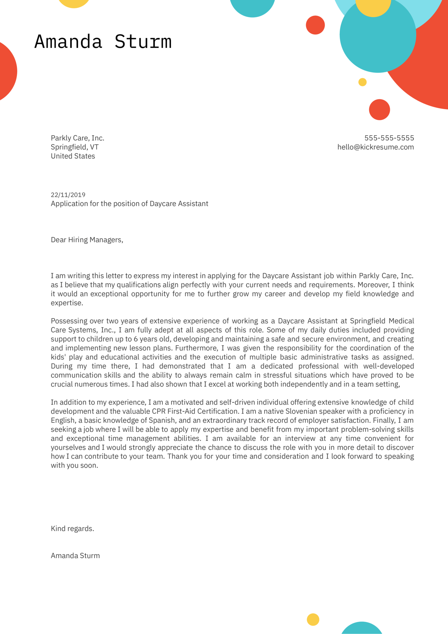 sample of childcare cover letter template