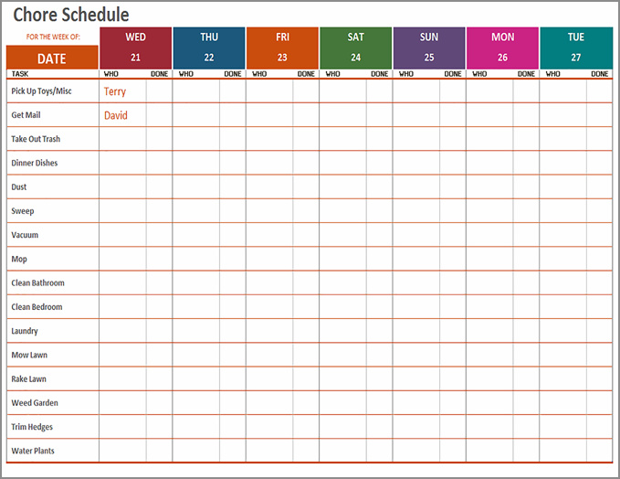 sample of chore schedule template