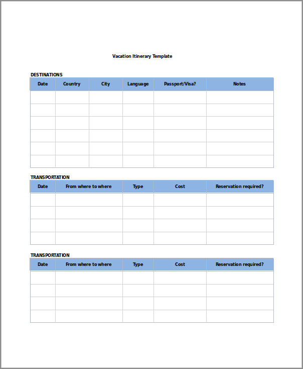 sample of christmas vacation itinerary template