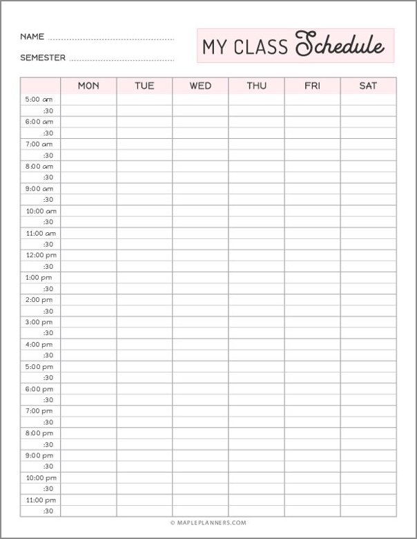 sample of class weekly schedule template