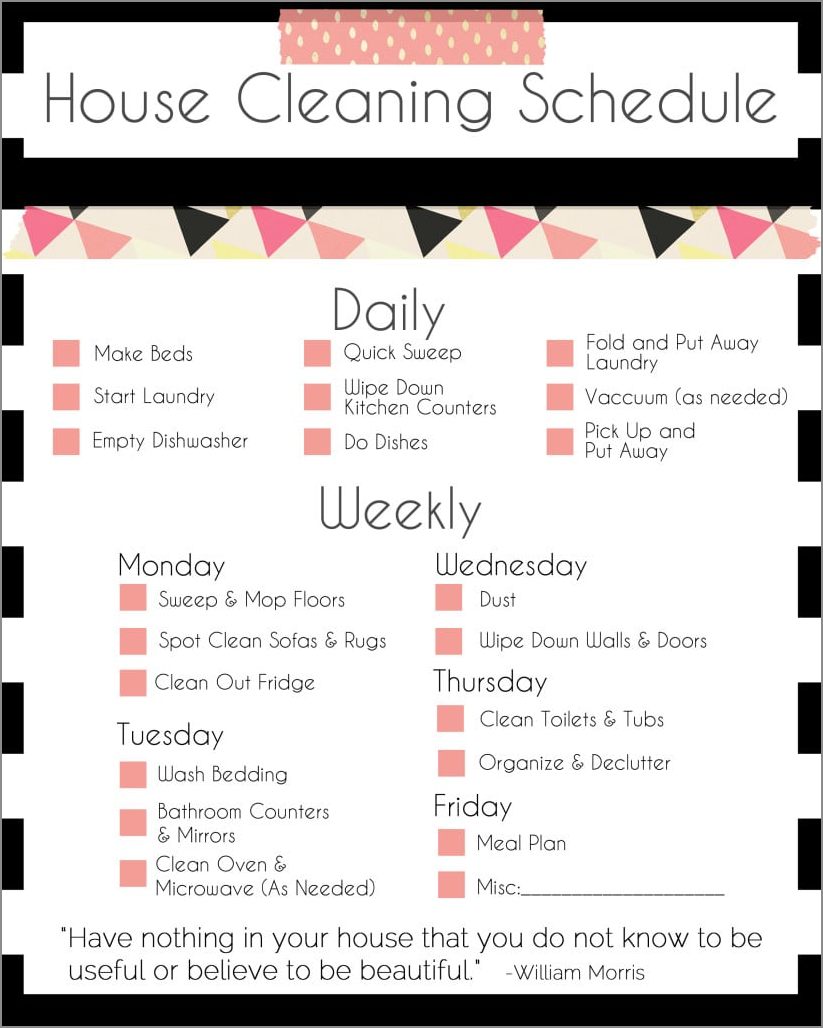 sample of cleaning schedule template for home