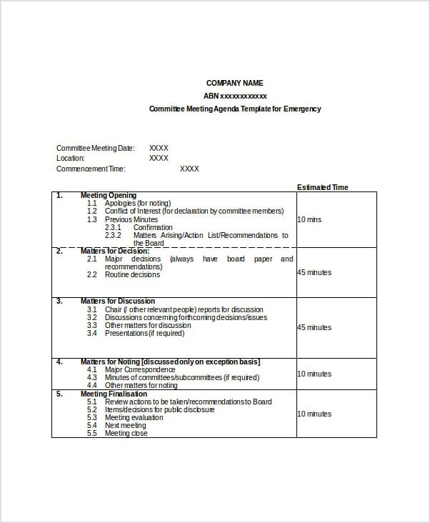 sample of committee meeting agenda template