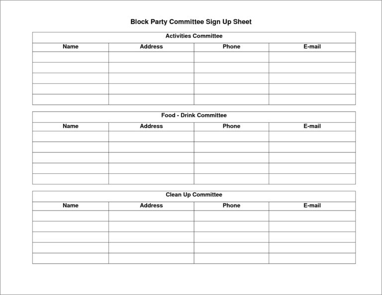 Printable Committee Sign-up Sheet Template