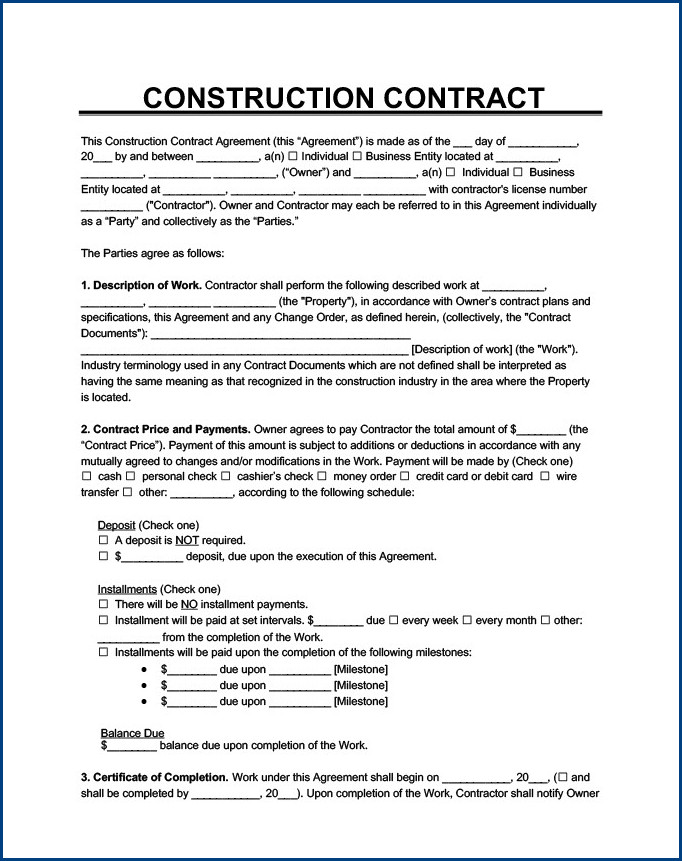 sample of construction contractor agreement template