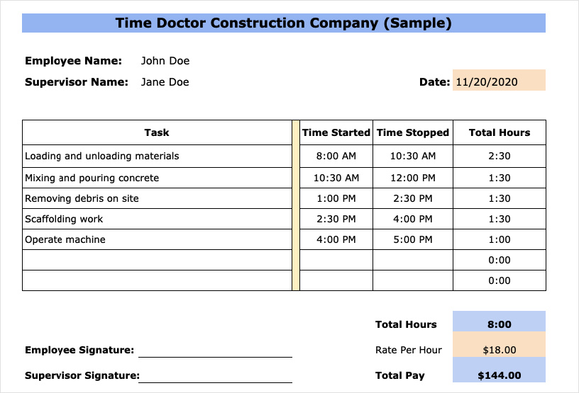 sample of construction employee timesheet template