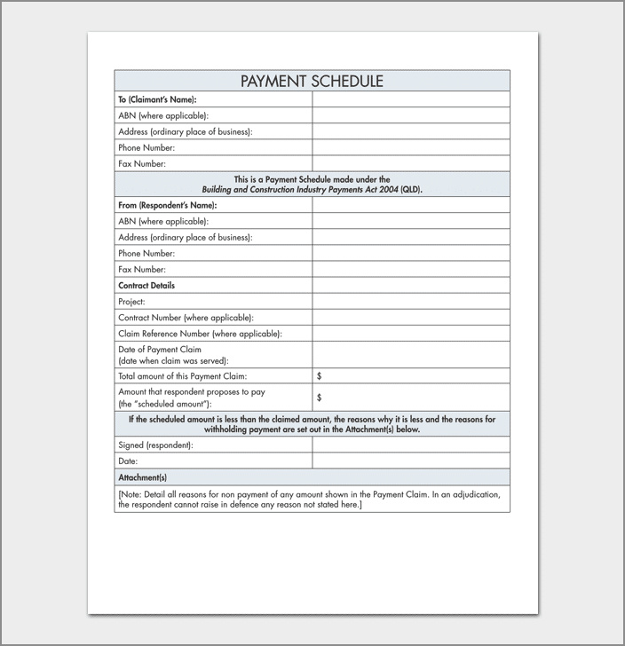 sample of construction payment schedule template
