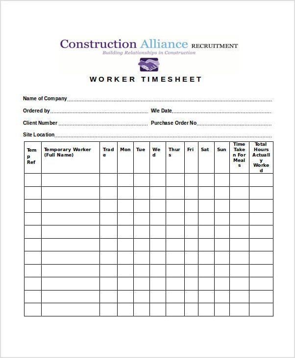 sample of construction timesheet template
