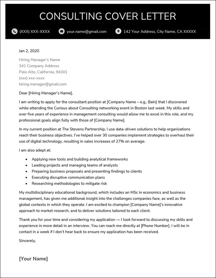 sample of consulting cover letter template