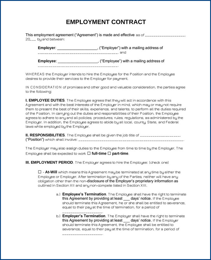 sample of contract employment agreement template