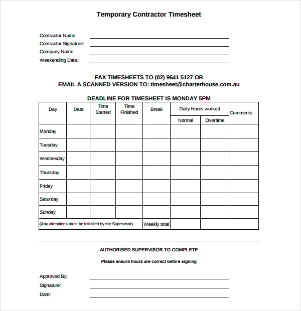 sample of contractor timesheet template