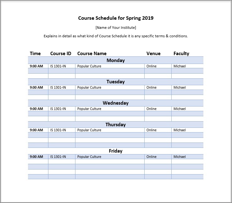 sample of course schedule template