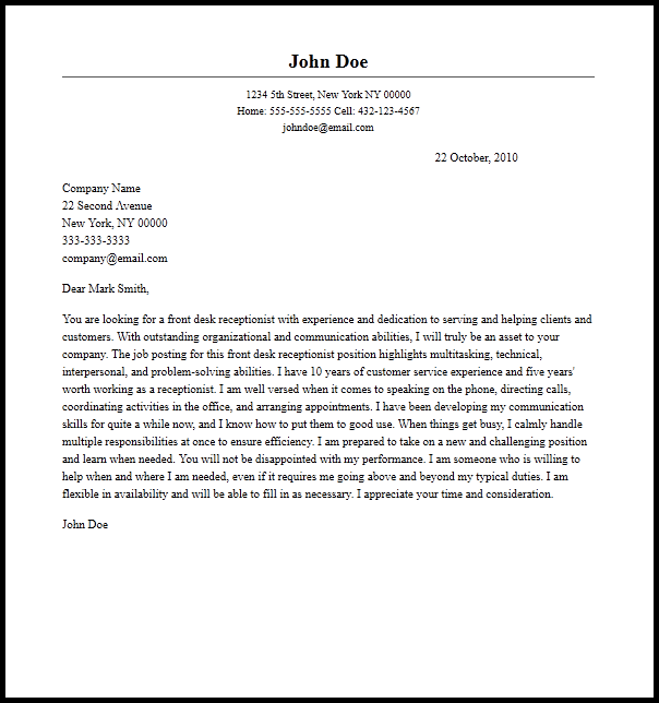sample of cover letter template for front desk receptionist