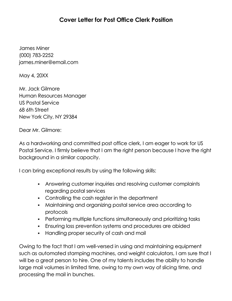 sample of cover letter template for post office job