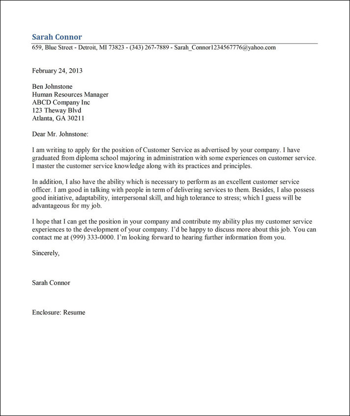 sample of customer service cover letter template