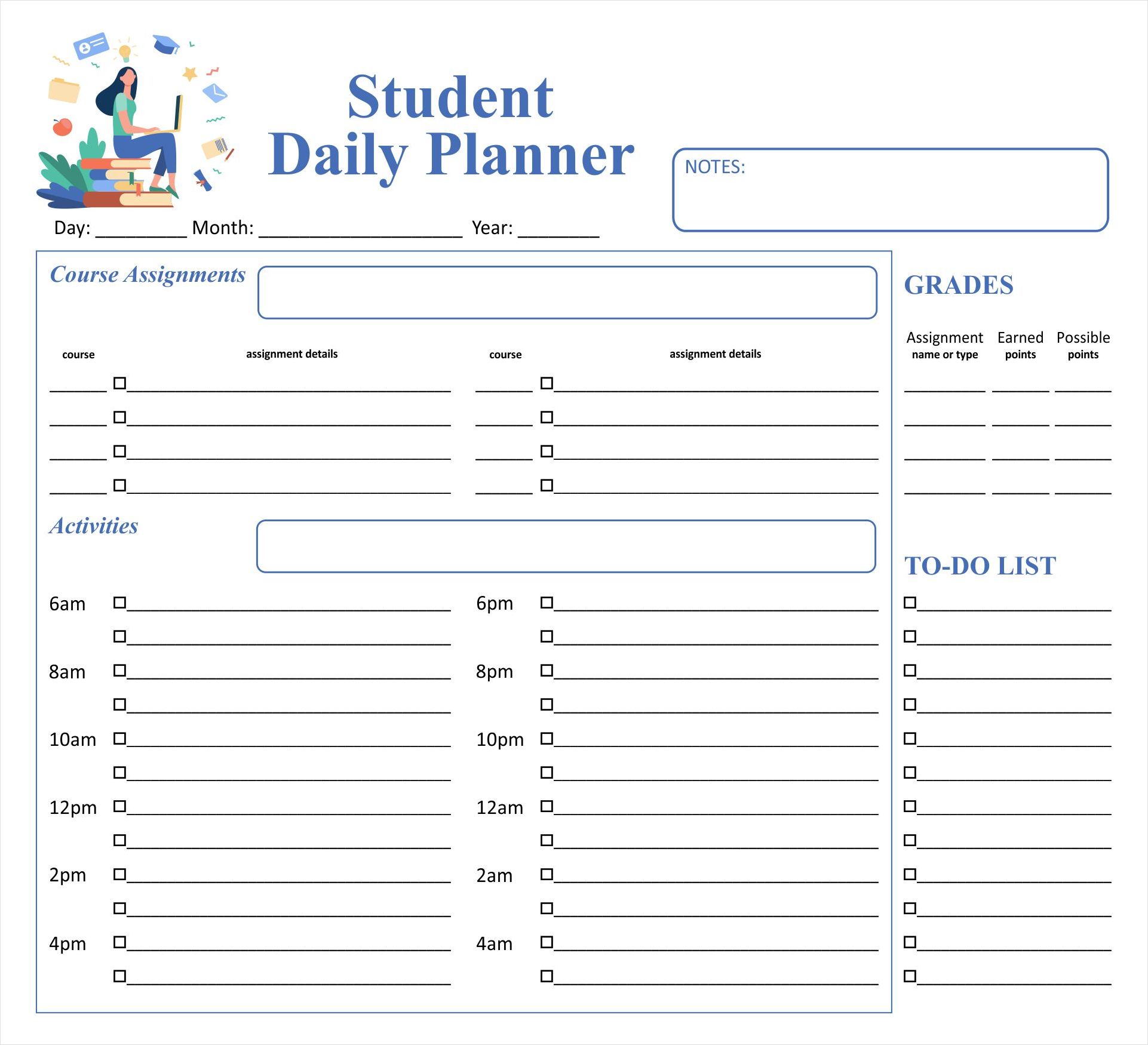 sample of cute student planner template