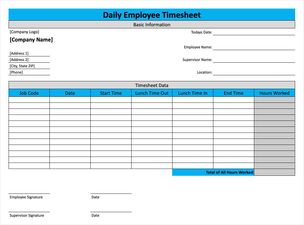 sample of daily employee timesheet template