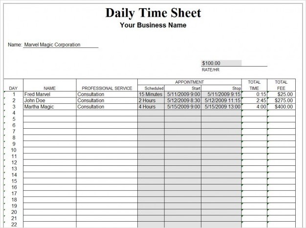 sample of daily task timesheet template