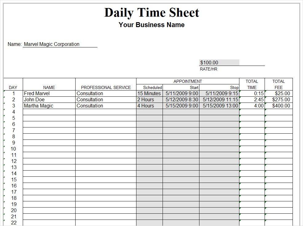 sample of daily timesheet template
