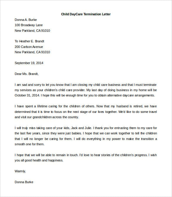 sample of daycare termination letter template