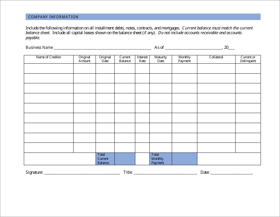 sample of debt schedule template