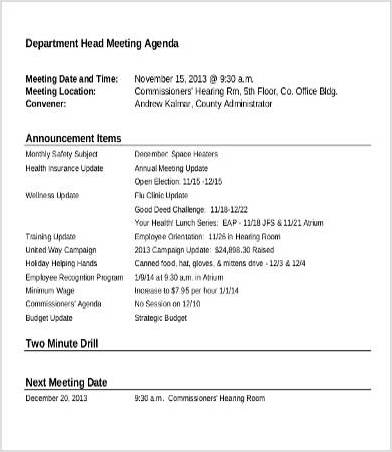 sample of department meeting agenda template