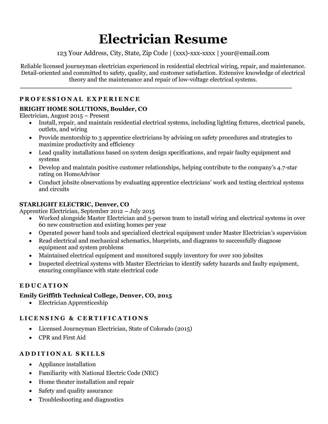 sample of electrical resume template