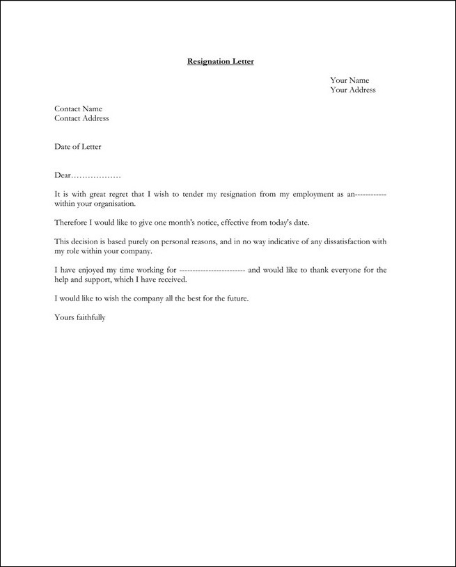 sample of employment resignation letter template