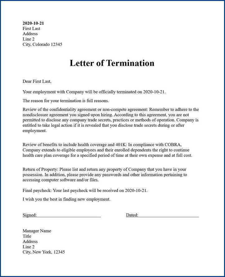 sample of employment termination letter template