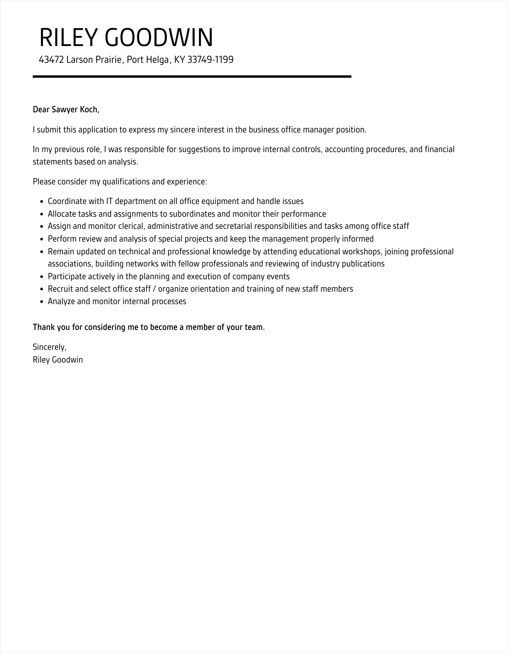 sample of executive manager cover letter template