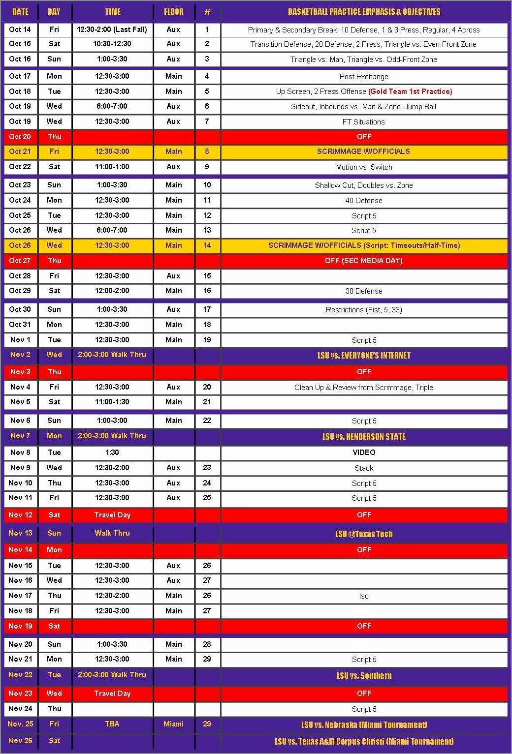 sample of football practice schedule template