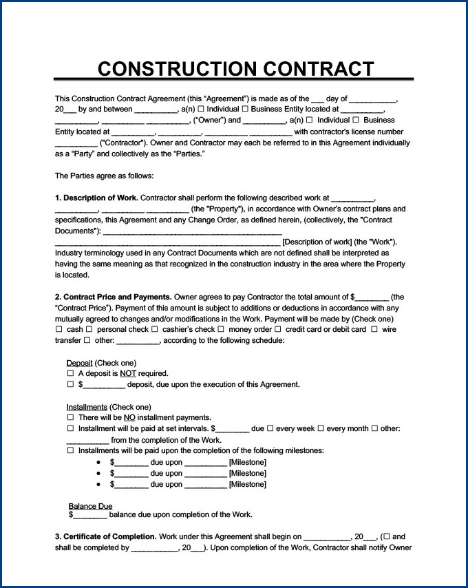 sample of general contractor agreement template