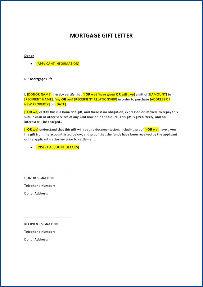sample of gift letter template for mortgage