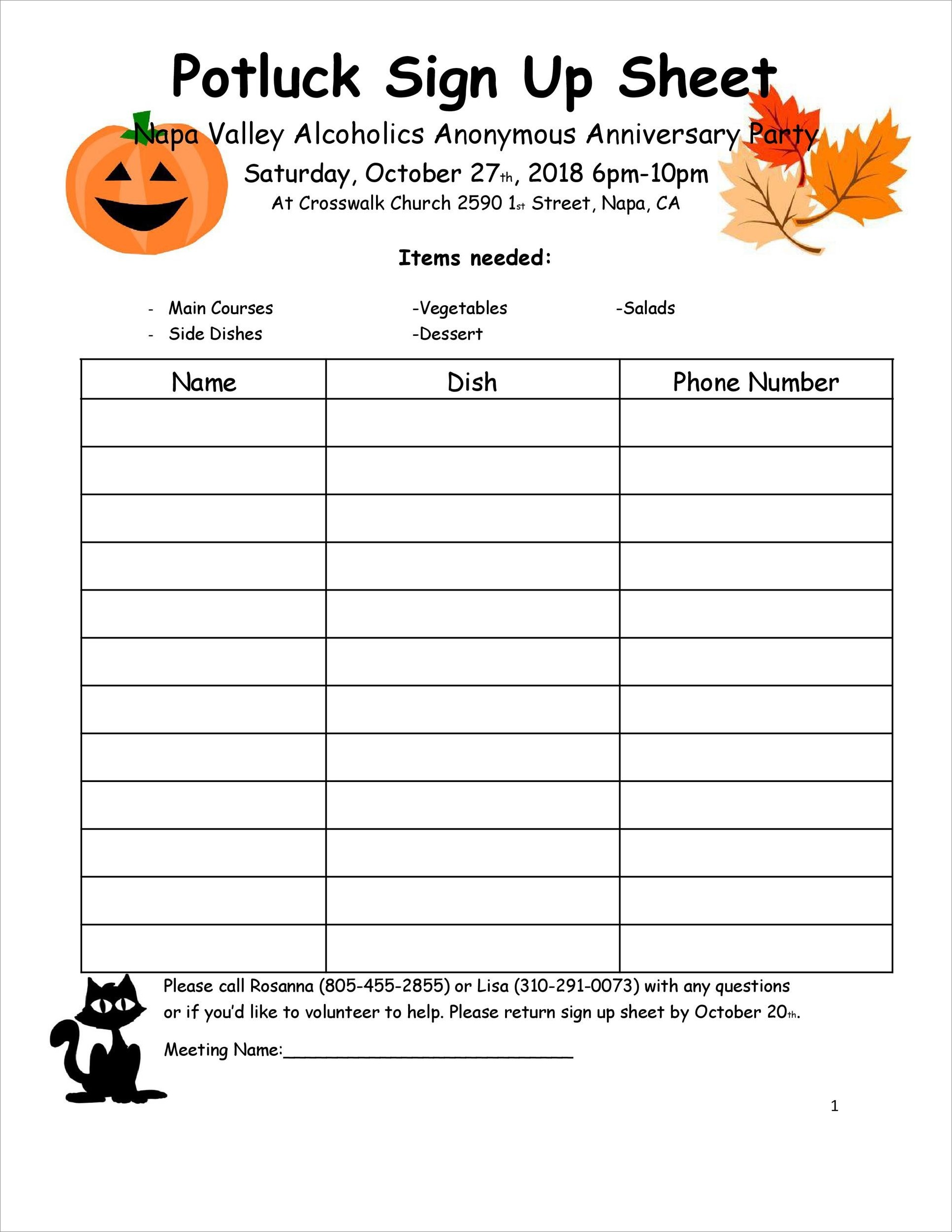 sample of halloween potluck sign-up sheet template