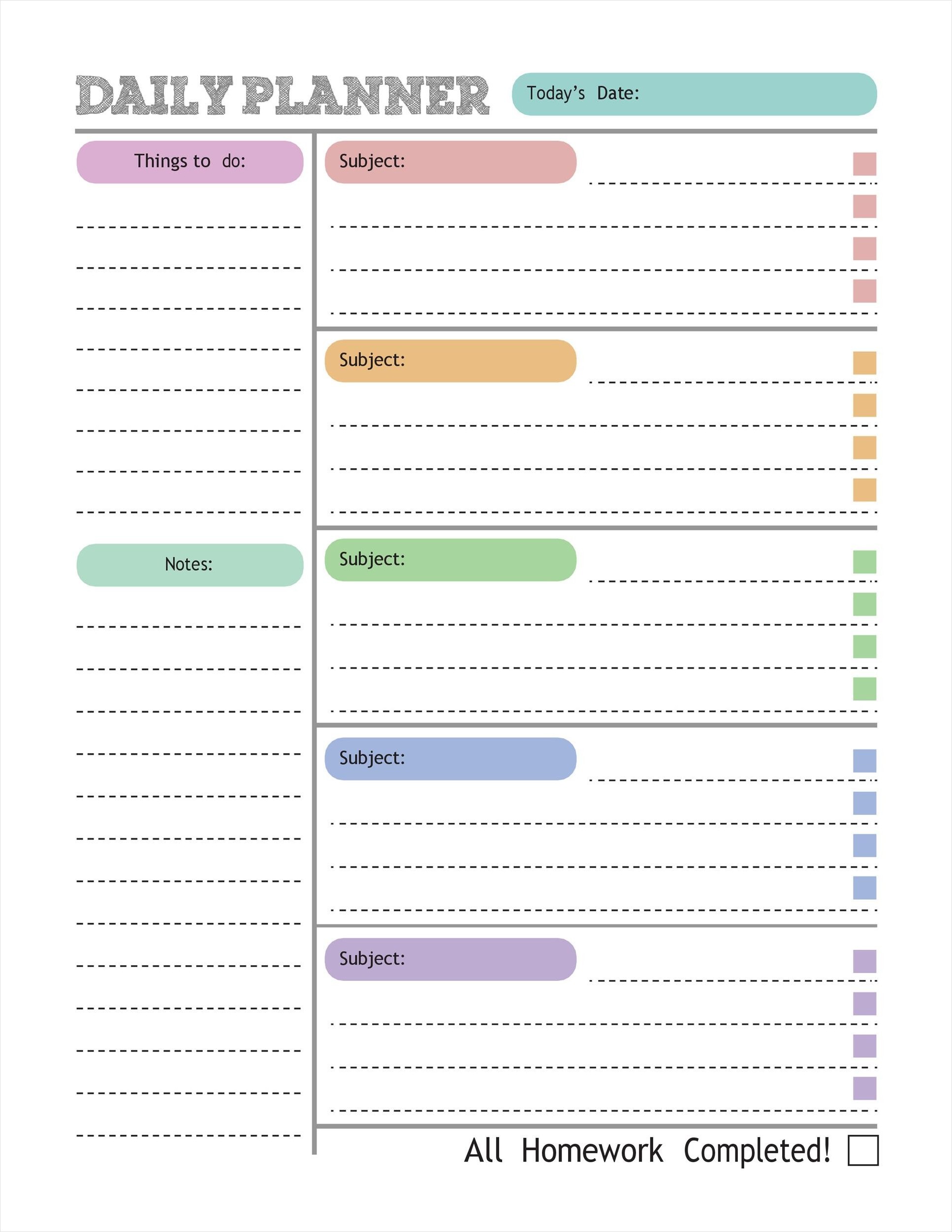 sample of homework planner template