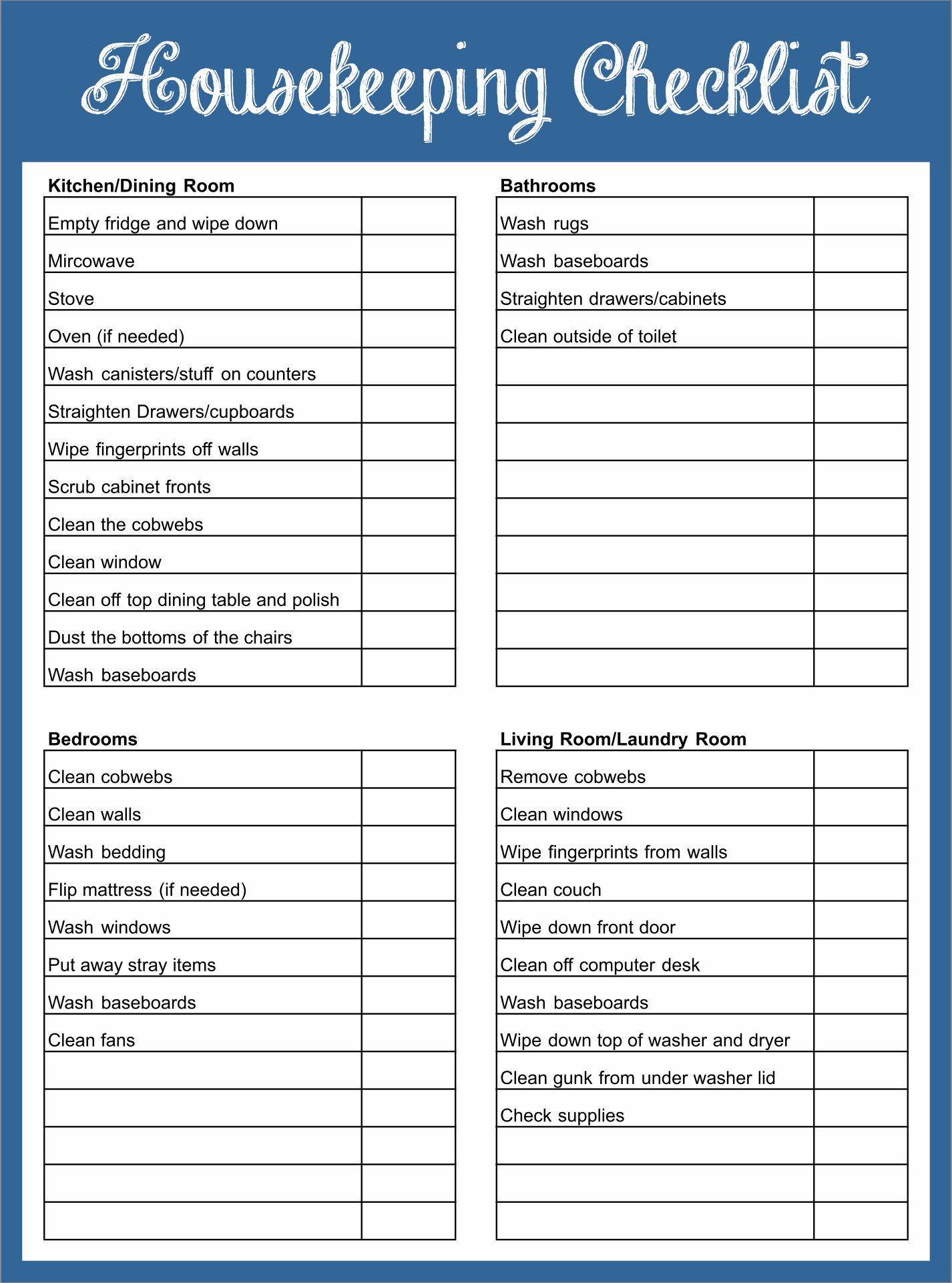 sample of housekeeper checklist template