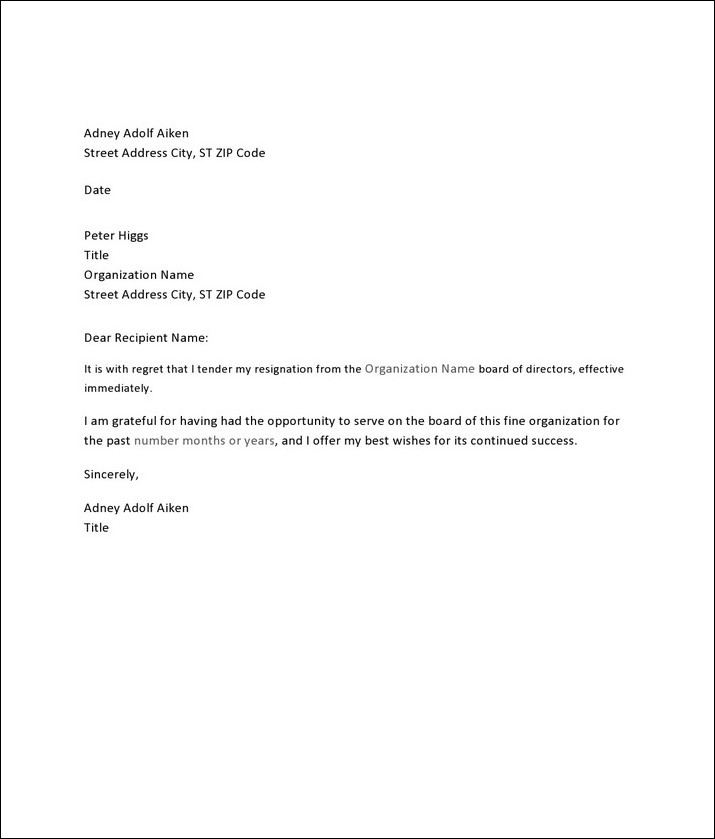 sample of immediate resignation letter template