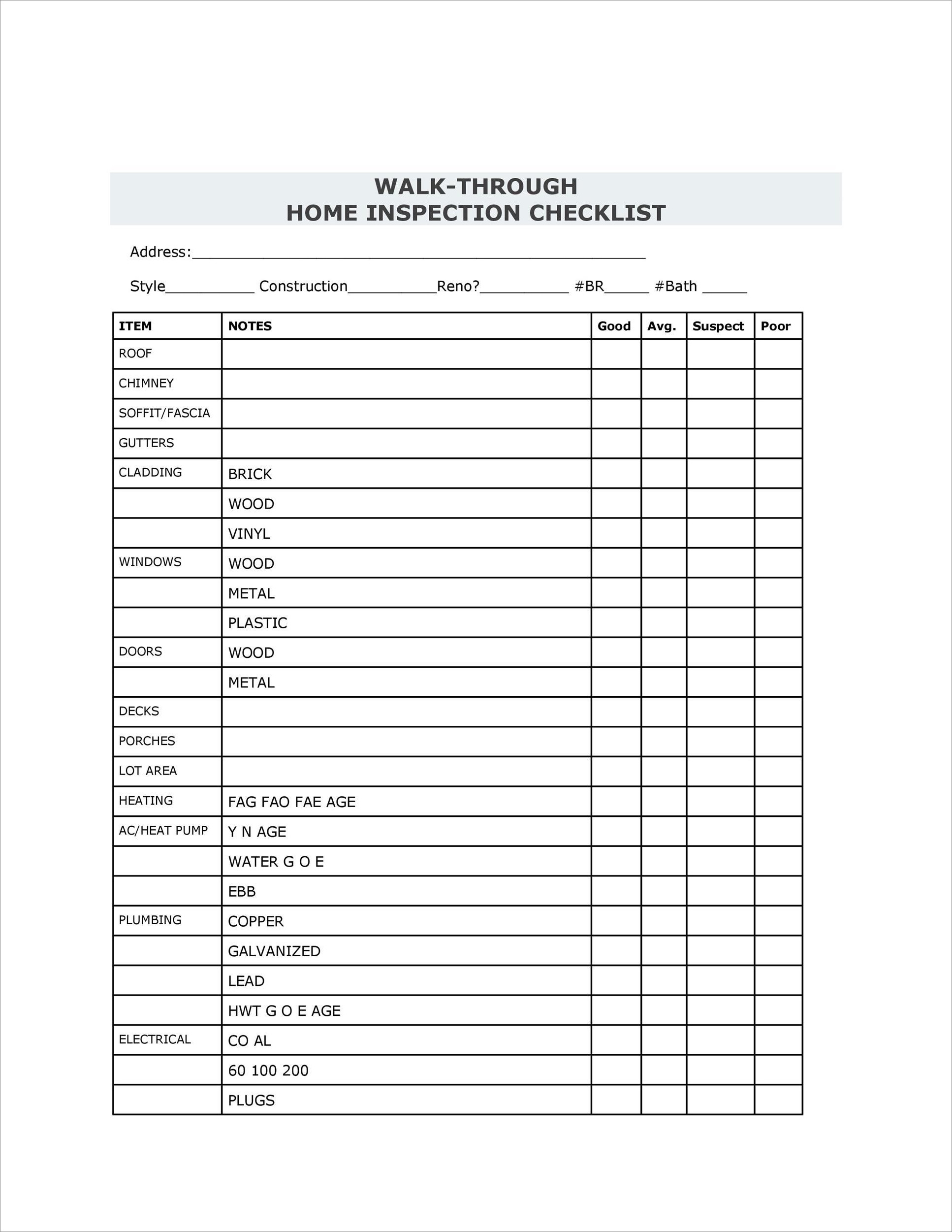 sample of inspection checklist template