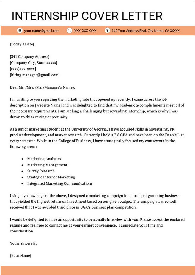 sample of internship cover letter template
