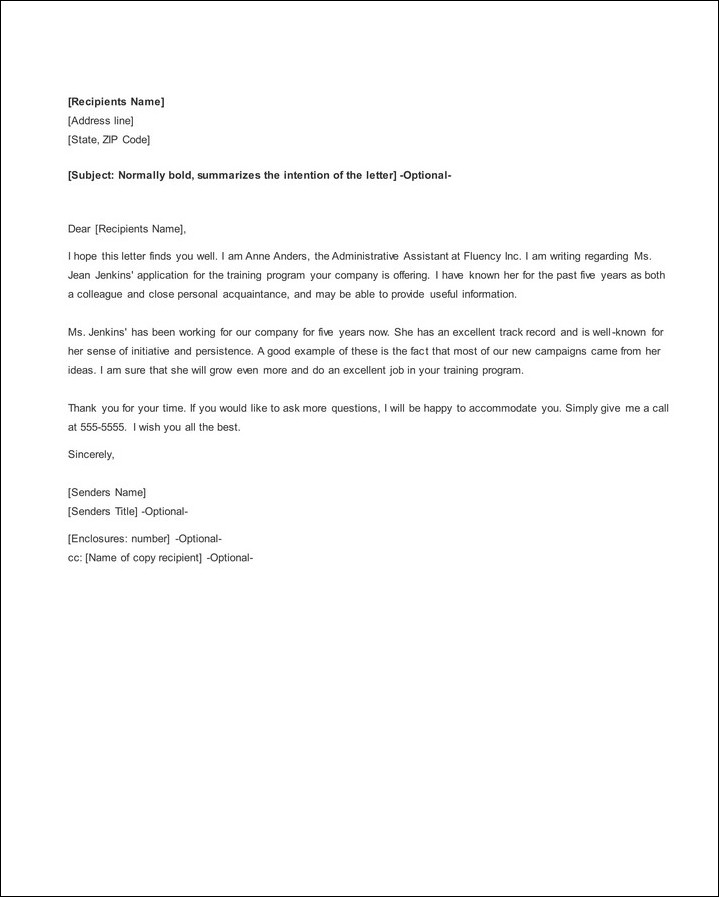 sample of job letter of recommendation template