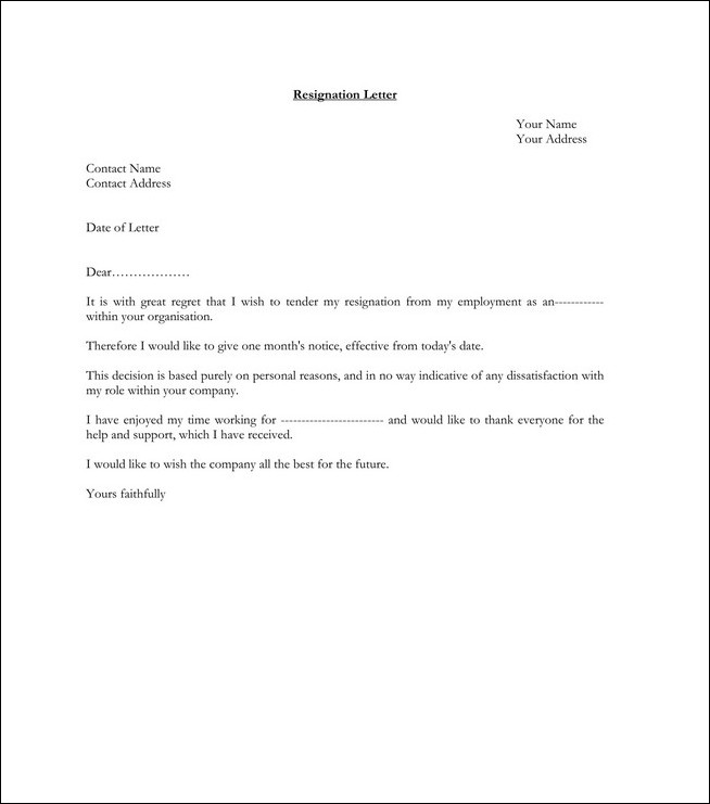 sample of job resignation letter template
