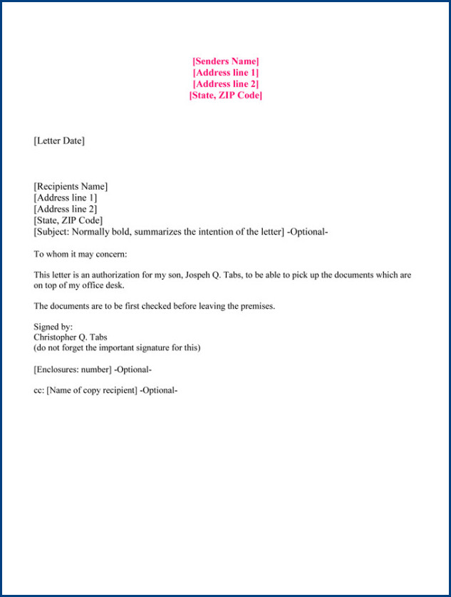sample of letter of authorization template to collect documents