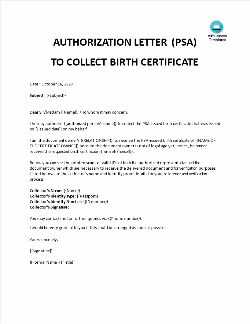 sample of letter of authorization template to pick up passport
