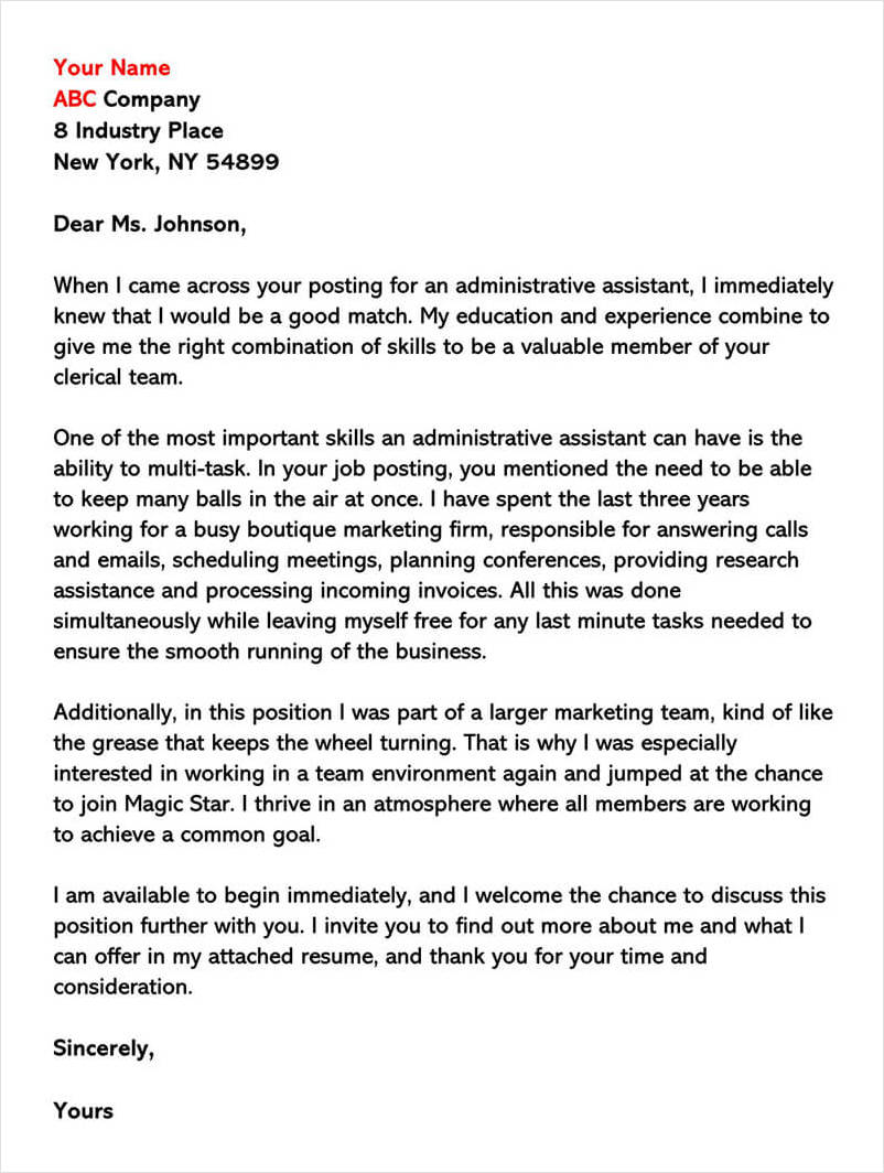 Letter Of Interest Template For Clerical Position