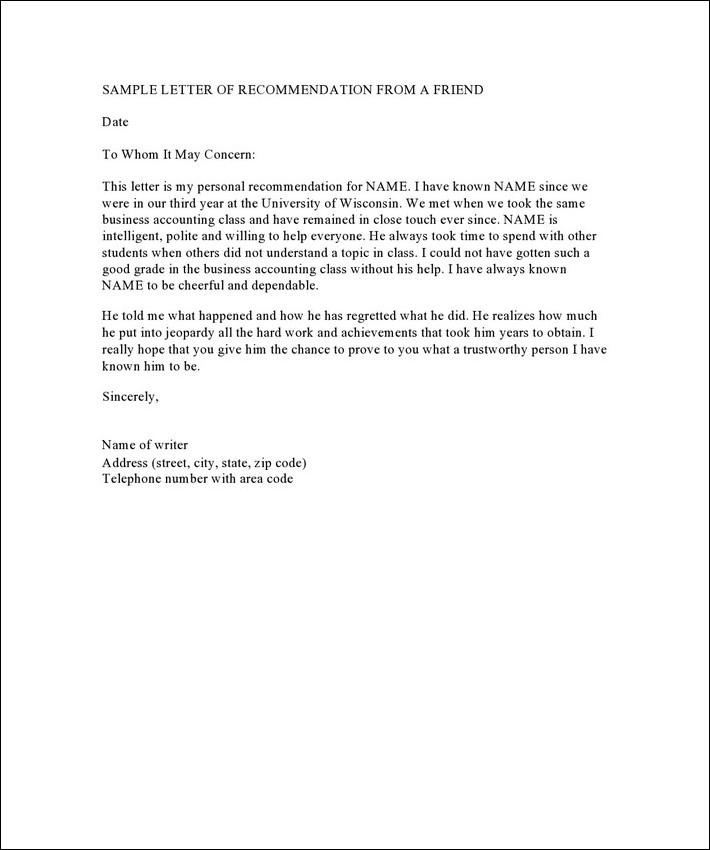 sample of letter of recommendation template for friend