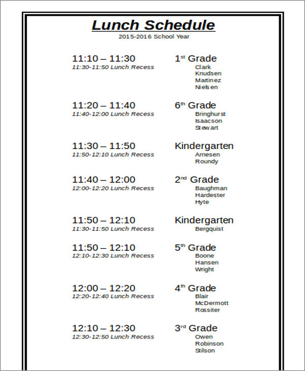 sample of lunch schedule template