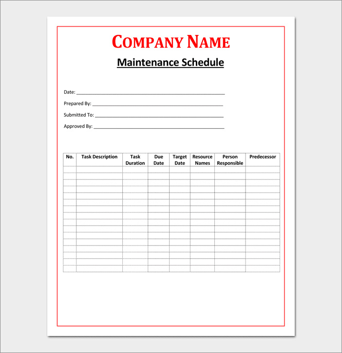 sample of maintenance schedule template