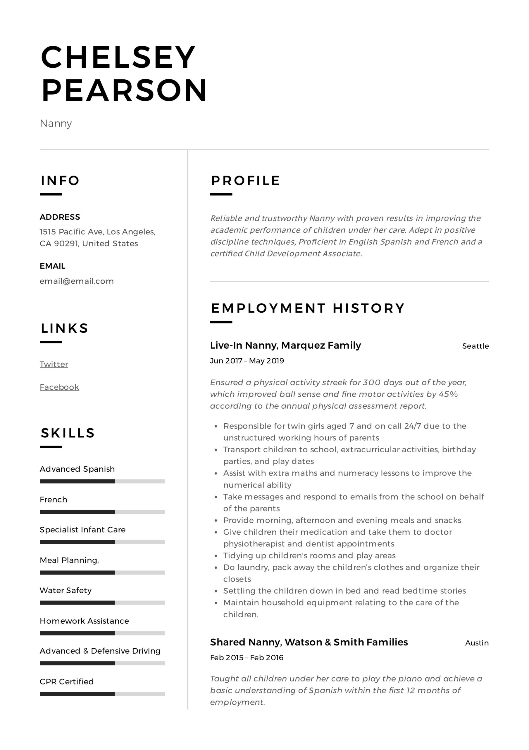 sample of nanny resume template