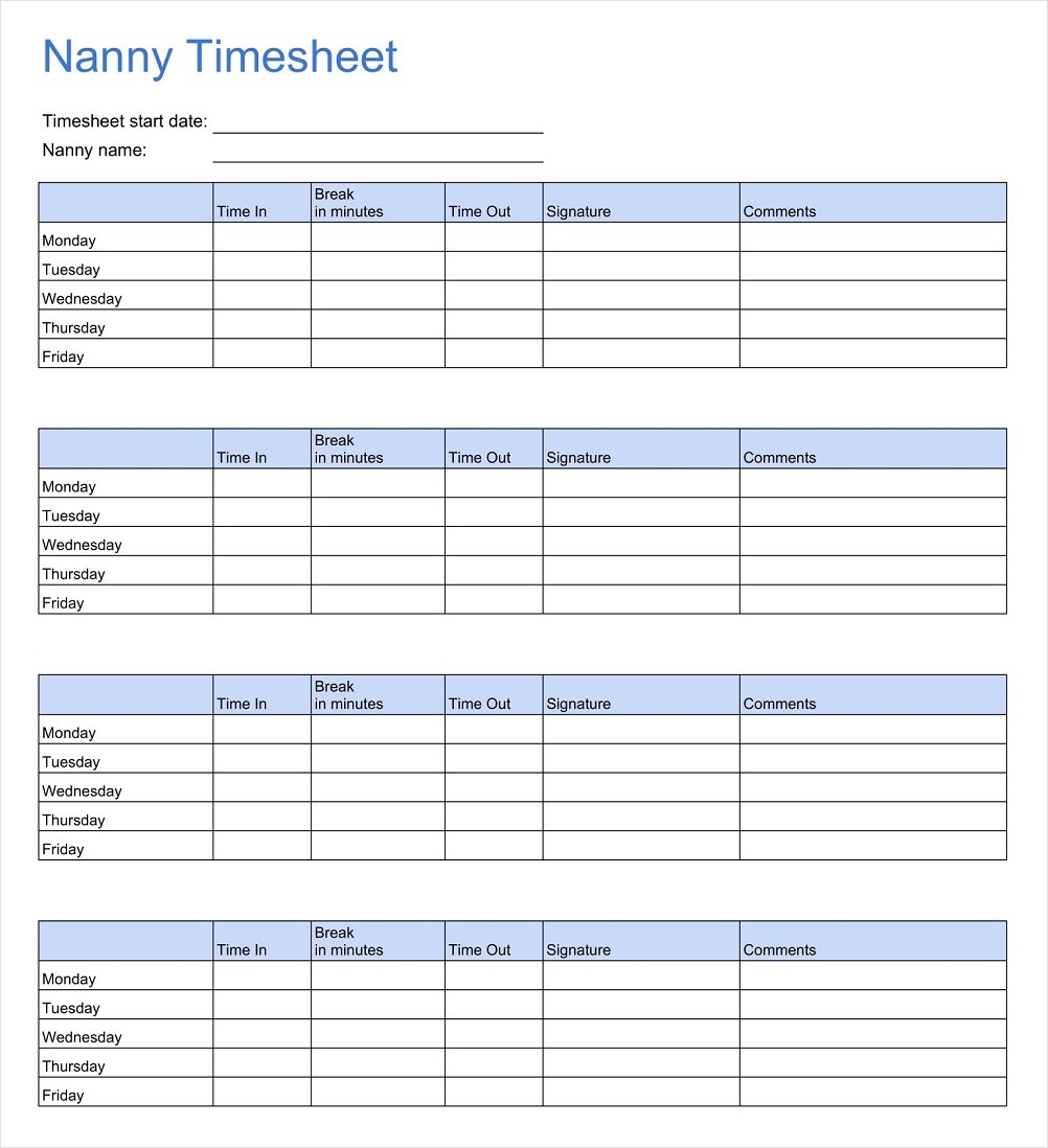 sample of nanny timesheet template