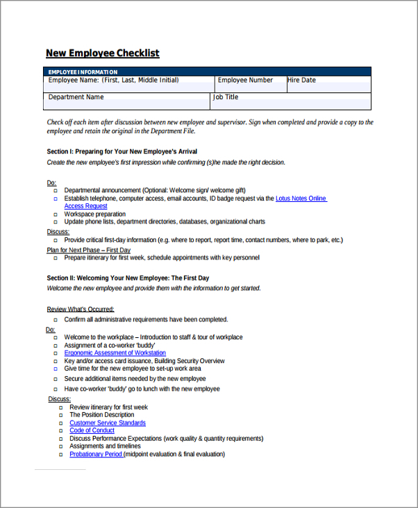 sample of new employee checklist template