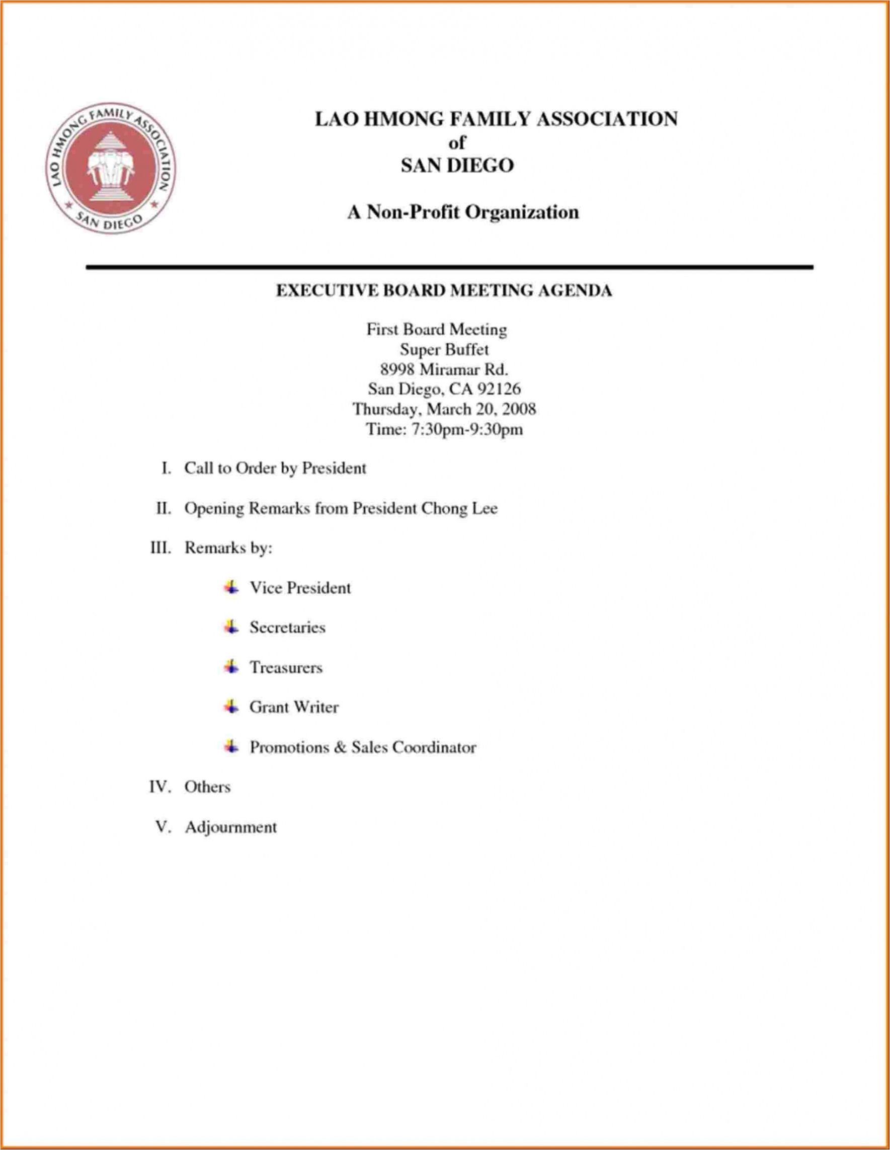 sample of non profit board meeting agenda template